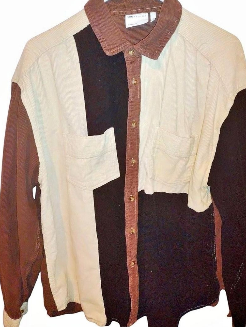 Asos Design Colorblock Corduroy Button-Up Shirt Brown, Cream & Black
